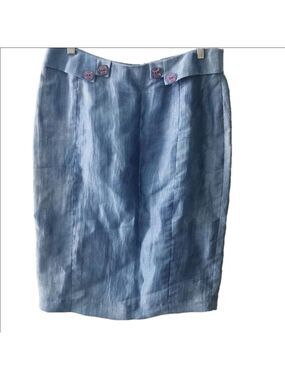 Simon Chang blue linen blend pencil skirt with button details. Size 6. EUC